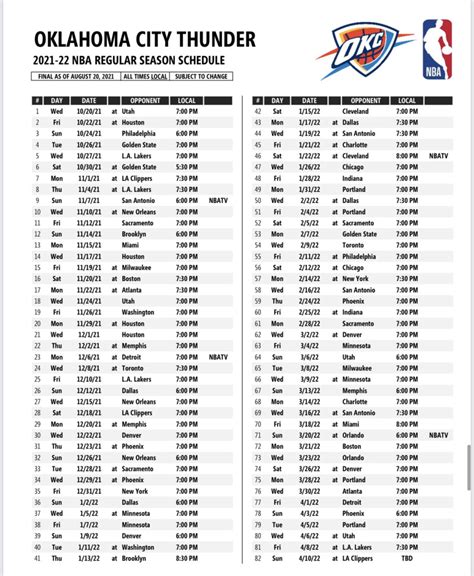 Thunder Printable Schedule