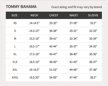 Tommy Bahama Sizing Chart