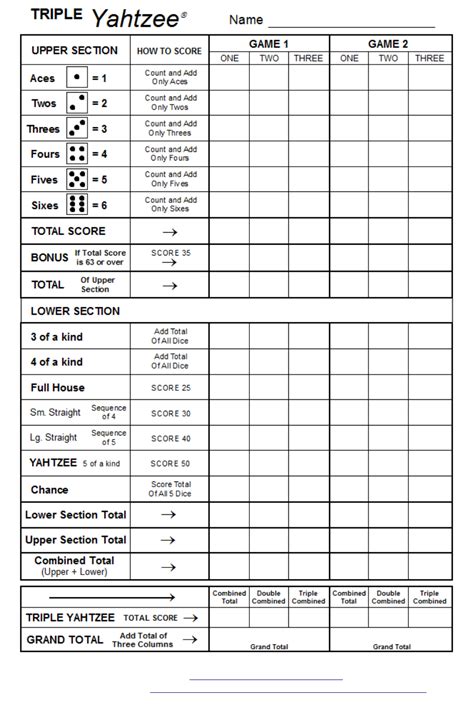 Triple Yahtzee Printable Score Sheet
