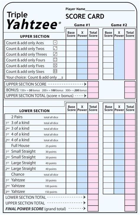 Triple Yahtzee Score Card Printable