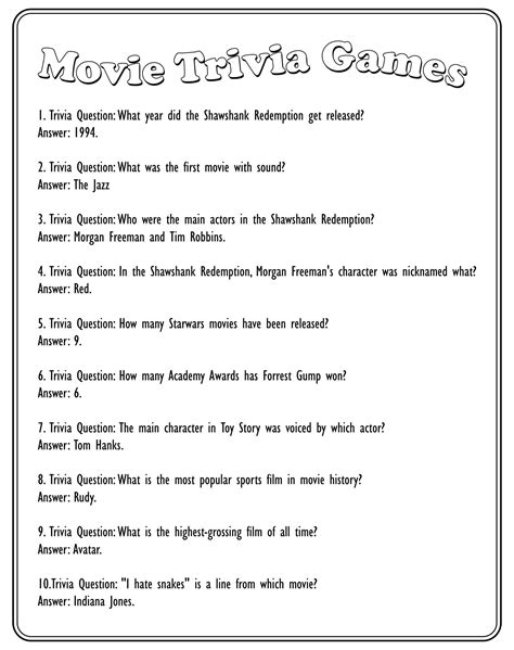 Trivia Worksheets Printable