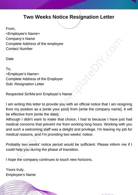 Two Weeks Notice Letter Of Resignation Template