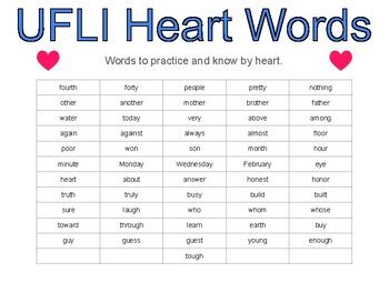 Ufli Heart Words List Printable
