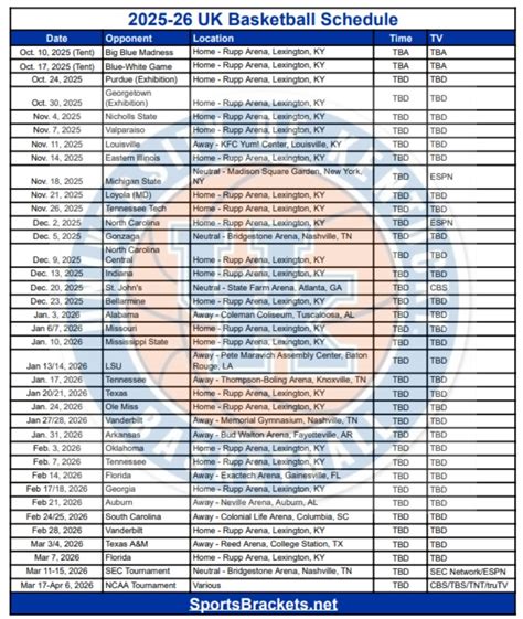 Uk Basketball Schedule 25 26 Printable