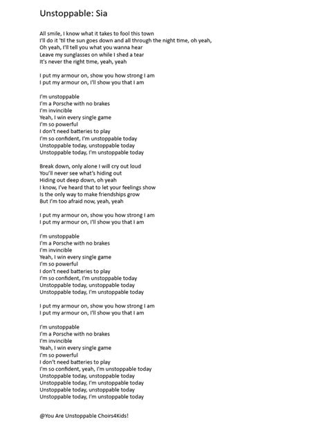 Unstoppable Lyrics Printable