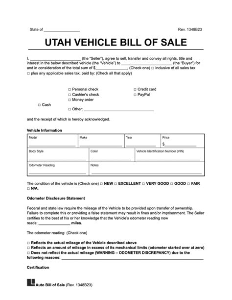 Utah Bill Of Sale Printable