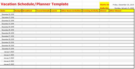 Vacation Schedule Template