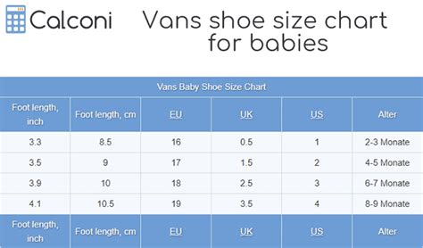 Vans Baby Shoes Size Chart