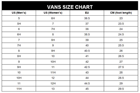 Vans Shoe Size Chart Women