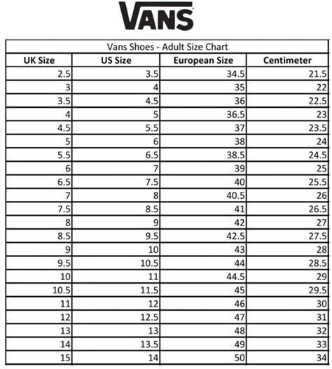 Vans Shoe Sizes Chart