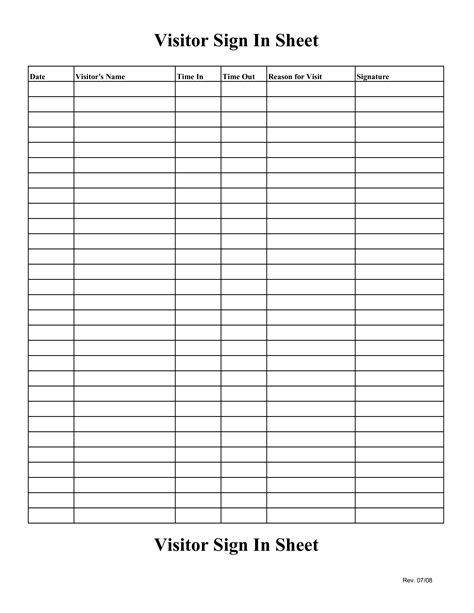 Visitor Sign In Sheet Template