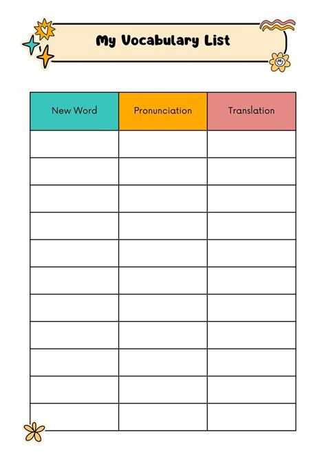 Vocabulary Sheet Template