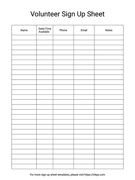 Volunteer Sign In Sheets Template
