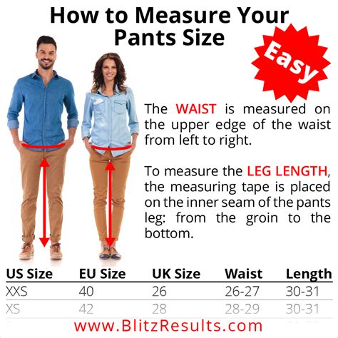 Waist Size Pants Chart