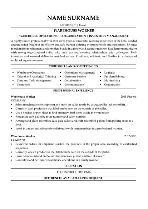Warehouse Job Resume Template