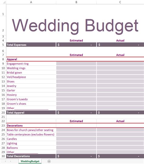 Wedding Budget Excel Template