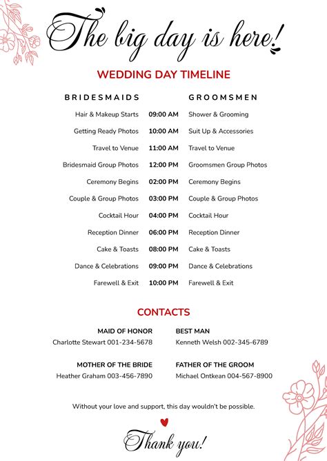 Wedding Day Of Timeline Template