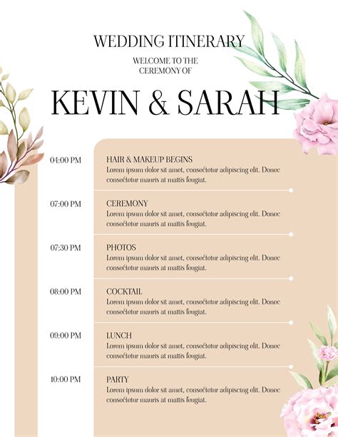 Wedding Itinerary Template