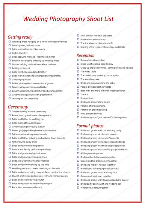 Wedding Photographer Shot List Template