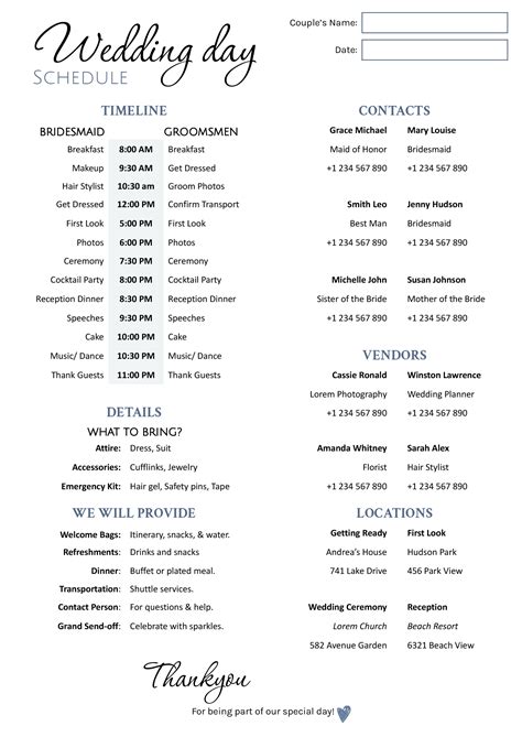 Wedding Schedule Template