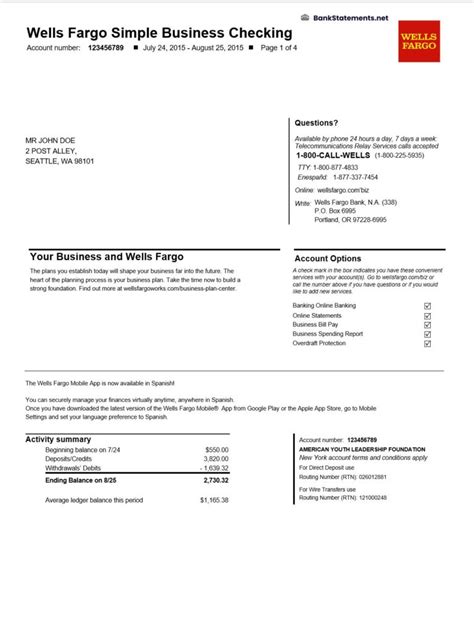 Wells Fargo Bank Statement Template