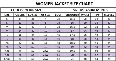 Women Jacket Size Chart