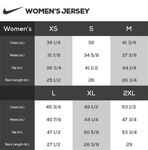 Womens Jersey Size Chart