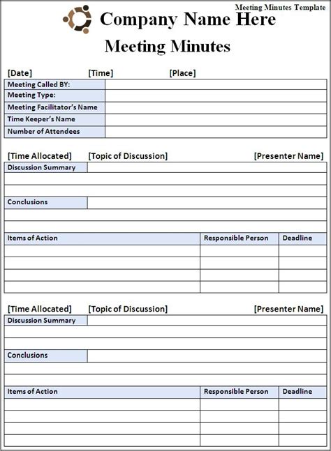 Word Template For Meeting Minutes