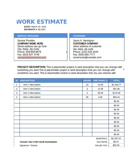 Work Estimate Template Free