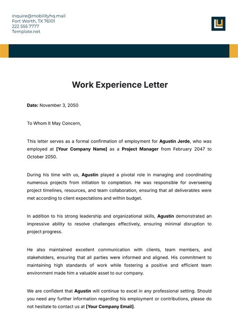 Work Experience Letter Template
