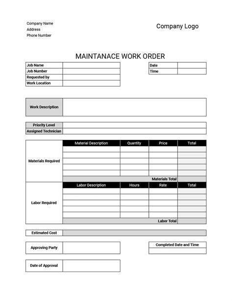 Work Order Template Free