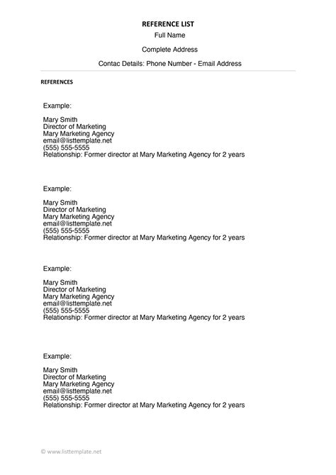 Work Reference List Template