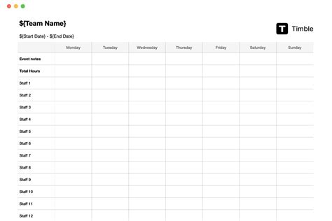 Work Rota Template