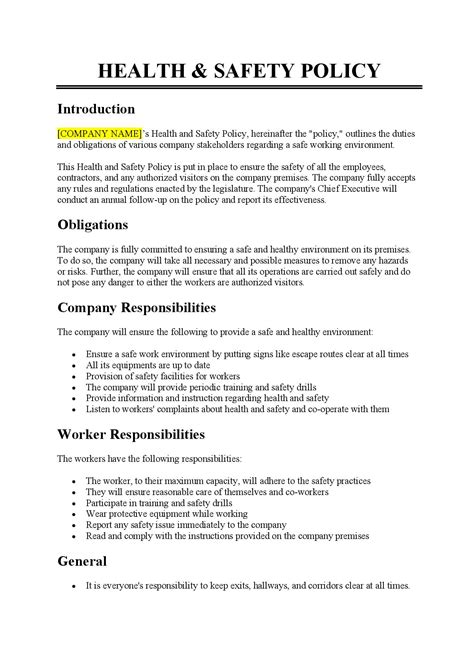 Workplace Health And Safety Policy Template