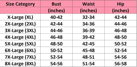 Xl Size Chart For Women
