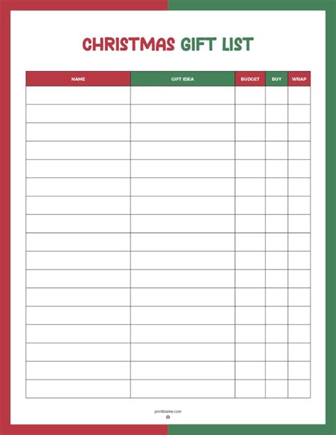 Xmas Present List Template