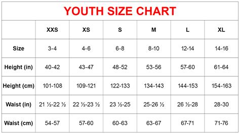 Youth 10 12 Size Chart