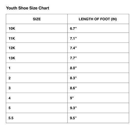 Youth Size Chart Shoes