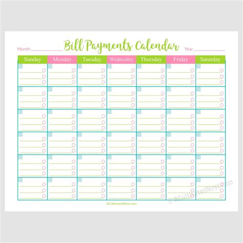 Calendar Template For Bill Payments