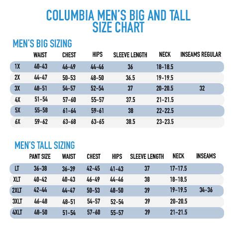 Columbia Men S Size Chart