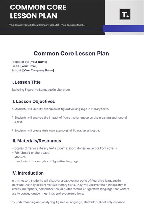 Common Core Standards Lesson Plan Template