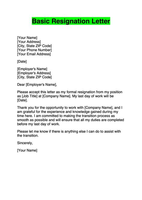 Example Of Resignation Letter Template