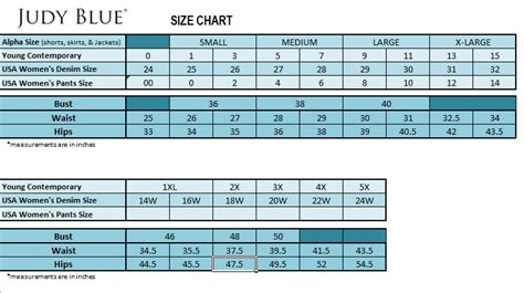 Judy Blue Size Chart