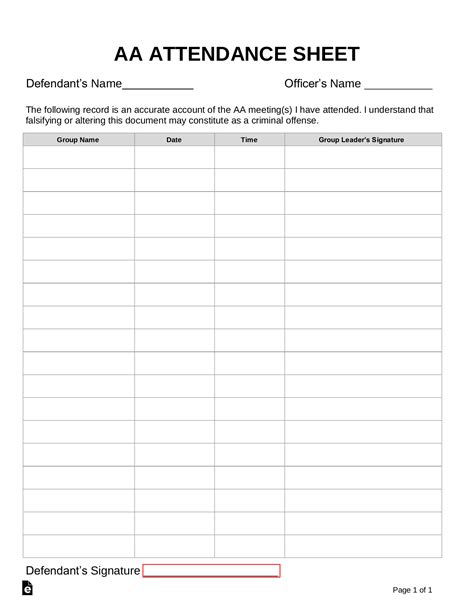 Printable Aa Na Attendance Sheet