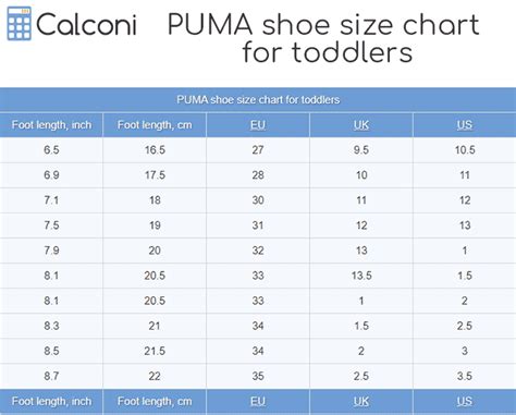 Puma Kids Shoe Size Chart