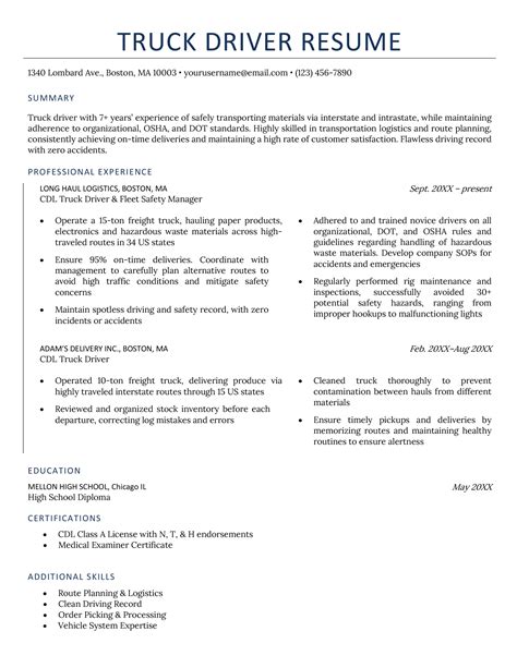 Resume Template Truck Driver