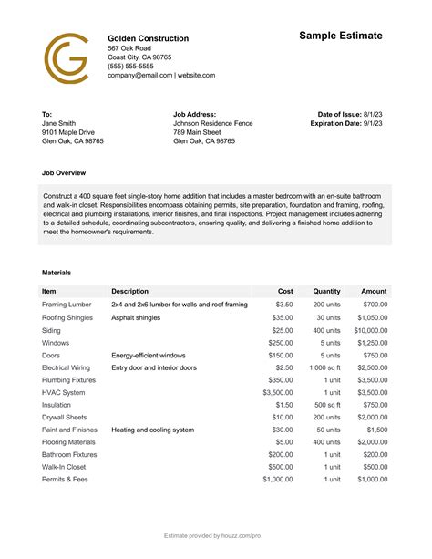 Subcontractor Estimate Template
