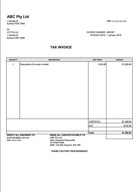 Tax Invoice Template Au