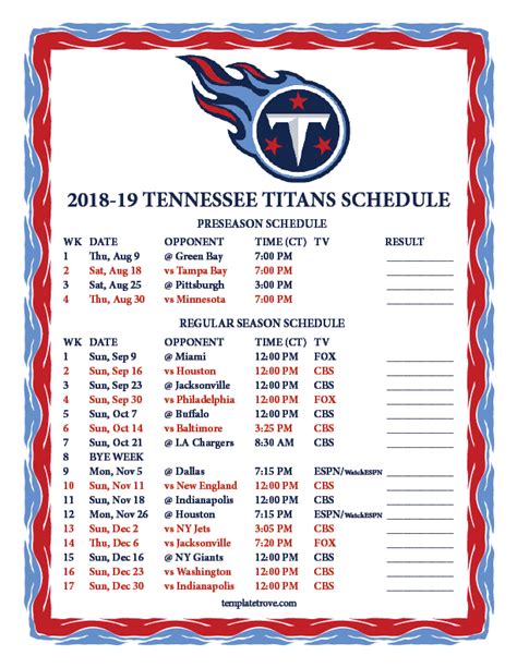 Tennessee Titans Schedule Printable