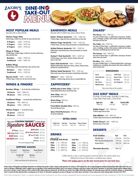 Zaxby S Menu Printable